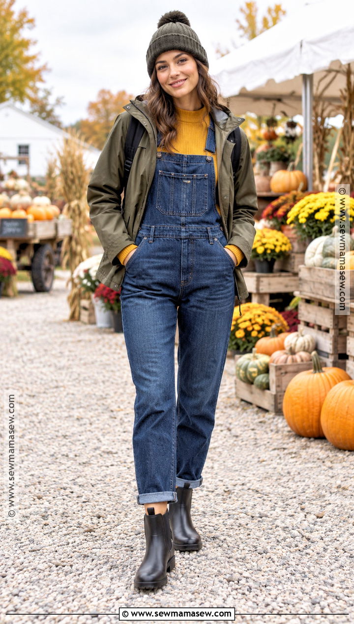 Overalls With Knit Sweater And Rain Boots - 20 rainboots outfit fall ideas
