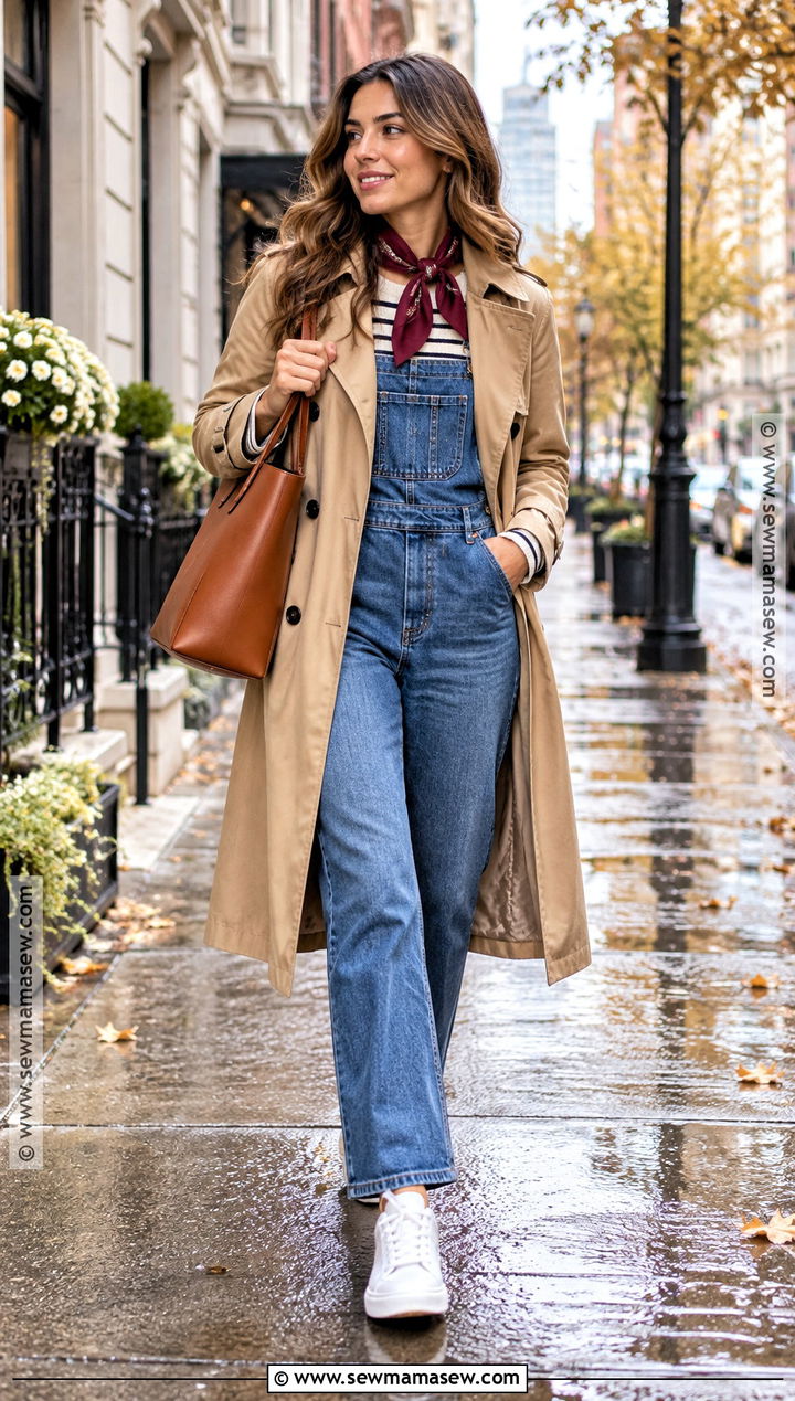 Overalls With Trench Coat And White Sneakers - 25 overalls outfit fall