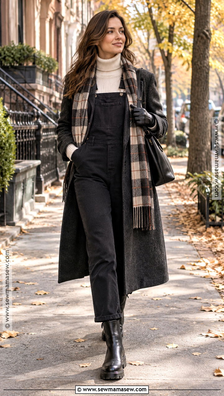 Overalls With Wool Coat And Chunky Boots - 25 overalls outfit fall