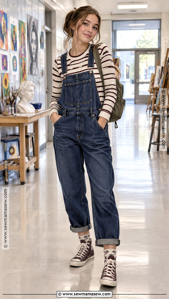 Overalls and Striped Shirt Fall School Outfit - 15 cute outfits for school for highschool fall
