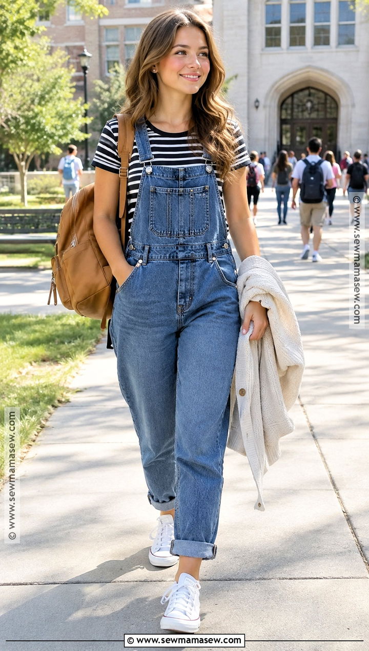 Overalls and Striped Tee Outfit - 20 back to school outfits highschool senior