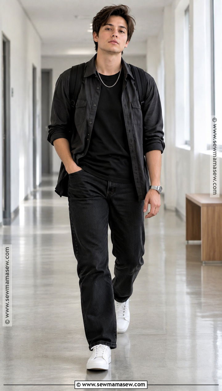 Overshirt And Monochrome Black Outfit - 15 masc back to school outfits
