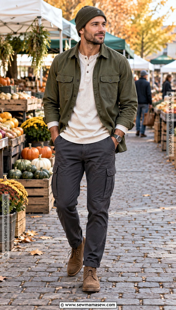 Overshirt Fall Outfit With Henley And Cargo Pants - 15 casual mens outfits fall
