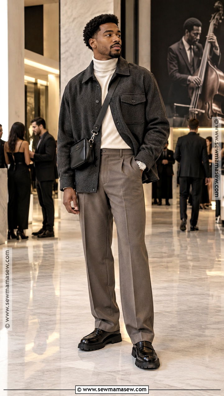 Overshirt Turtleneck and Tailored Trousers Concert Outfit - 15 concert outfit men fall ideas
