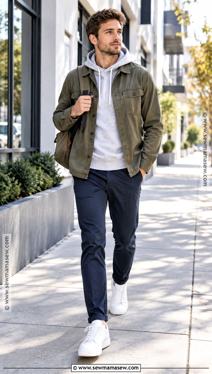 Overshirt With Hoodie And Chinos - 20 Casual Outfits Men Fall