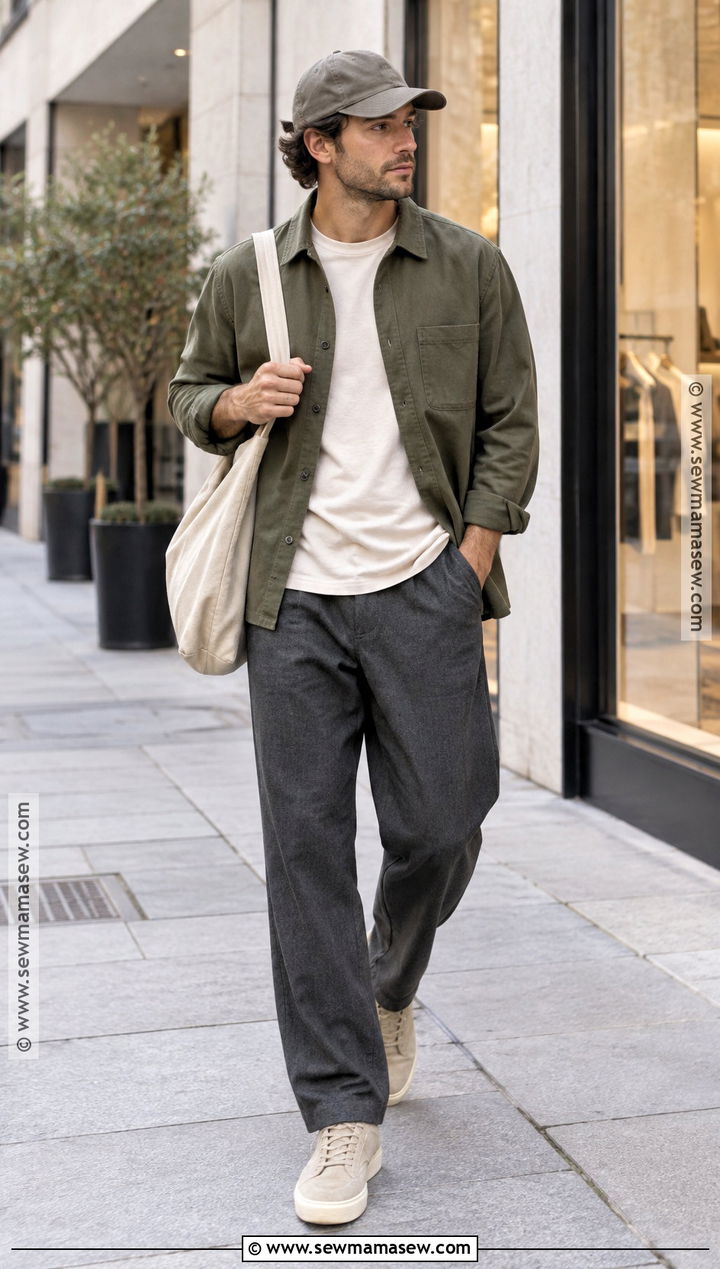 Overshirt With T Shirt and Relaxed Trousers - 15 chill fall outfits for men