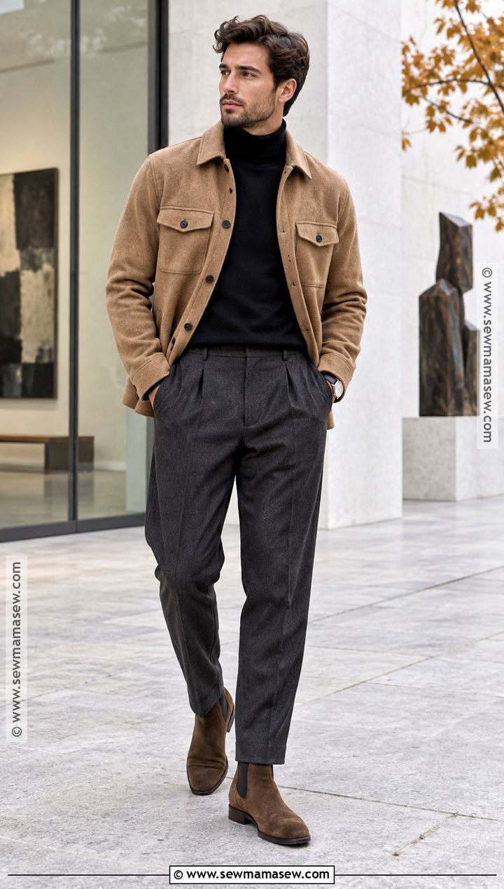 Overshirt With Turtleneck and Tailored Trousers - 20 Men Autumn Outfit Casual Ideas