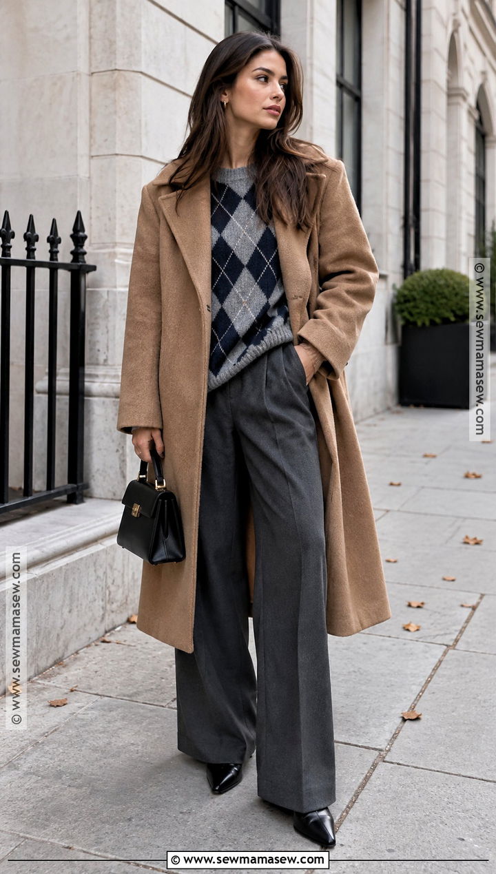 Oversized Argyle Sweater With Wide Leg Trousers - 15 Autumn Argyle Sweater Ideas