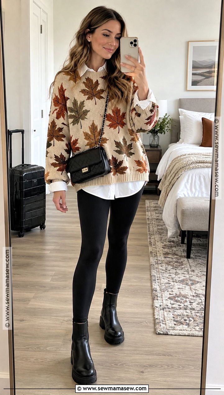 Oversized Autumn Leaves Sweater With Black Leggings - 15 Autumn Leaves Sweater Ideas