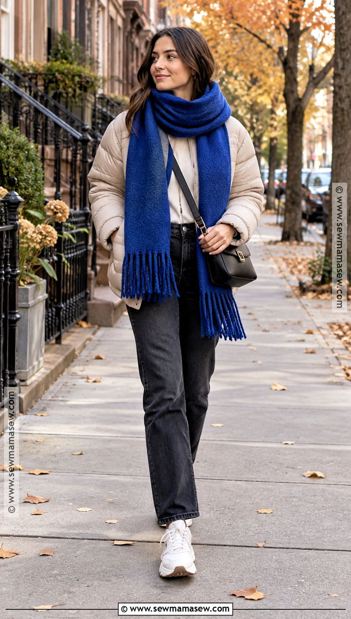 Oversized Autumn Scarf With Puffer Jacket And Jeans - 15 Autumn Scarf Fashion Accessory Ideas