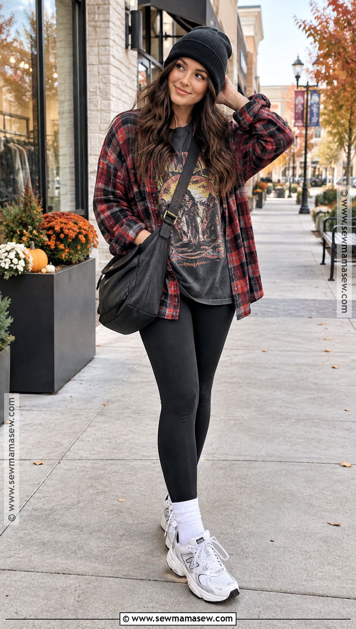 Oversized Band Shirt With Leggings And Flannel - 15 Band Shirt Outfits Fall