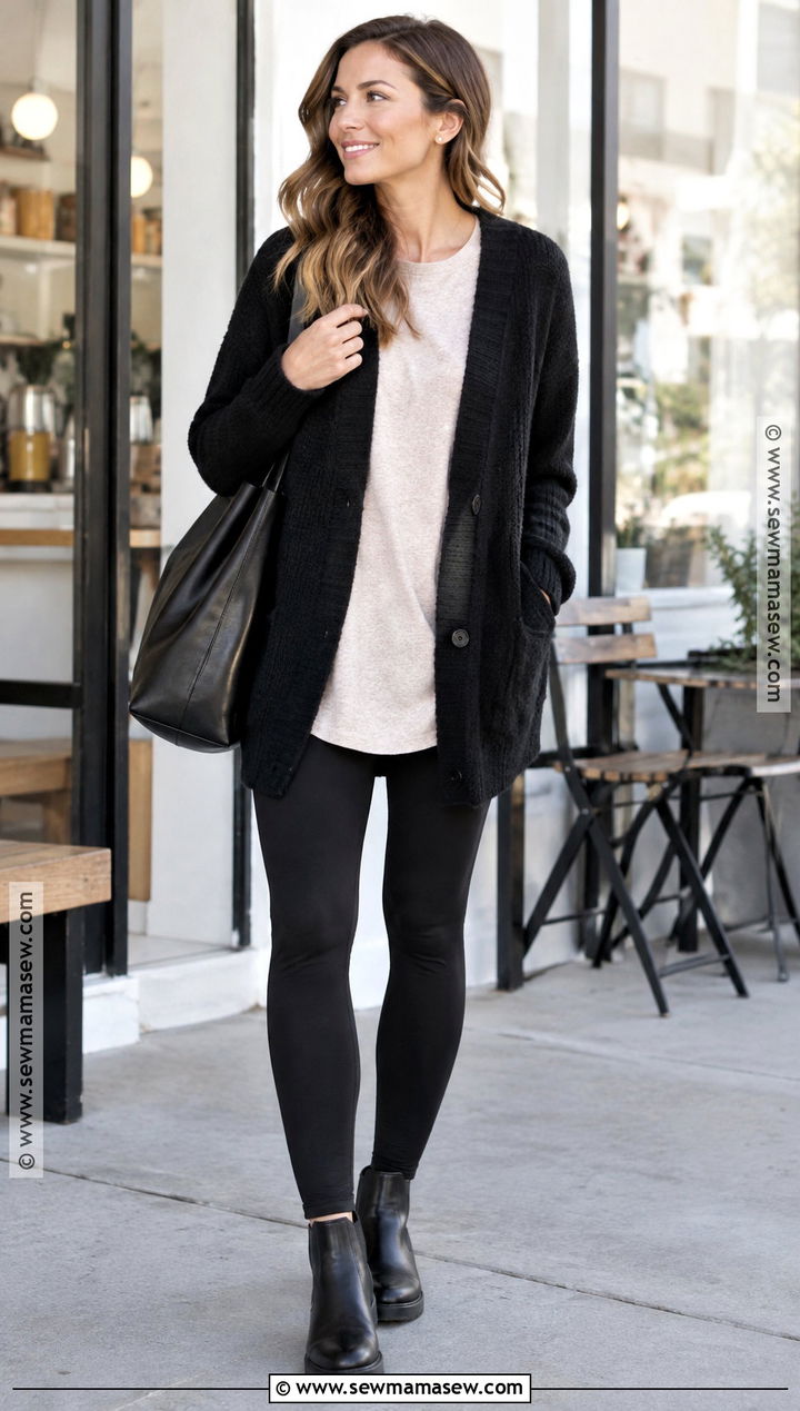 Oversized Black Cardigan With Leggings And Ankle Boots - 15 Cozy Black Cardigan Fall Fashion Ideas