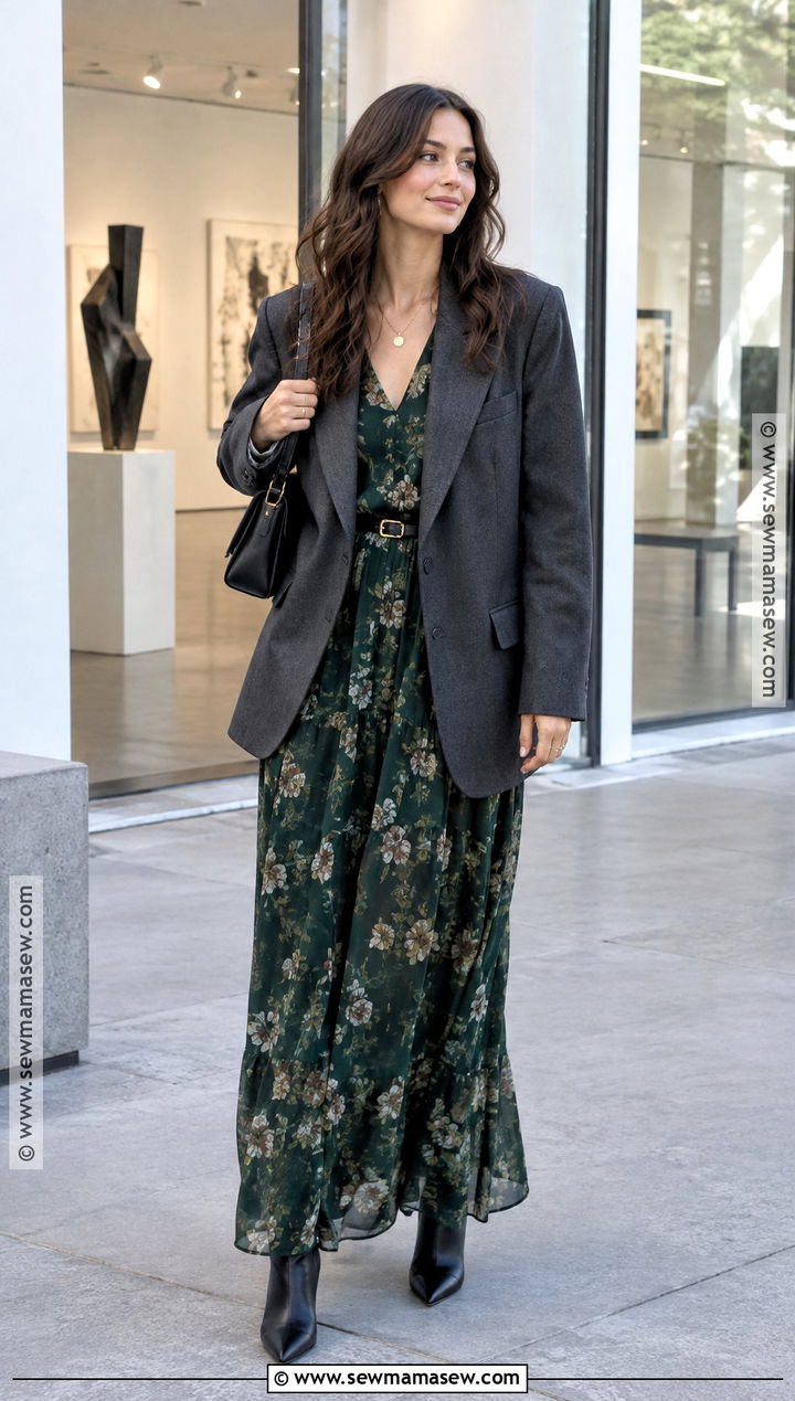 Oversized Blazer And Maxi Dress Fall Outfit - 20 Aesthetic Fall Outfit Ideas