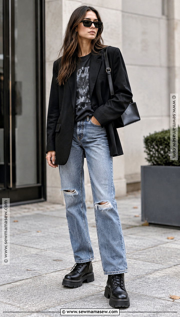 Oversized Blazer And Ripped Jeans Autumn Rock Outfit - 20 autumn rock outfit ideas