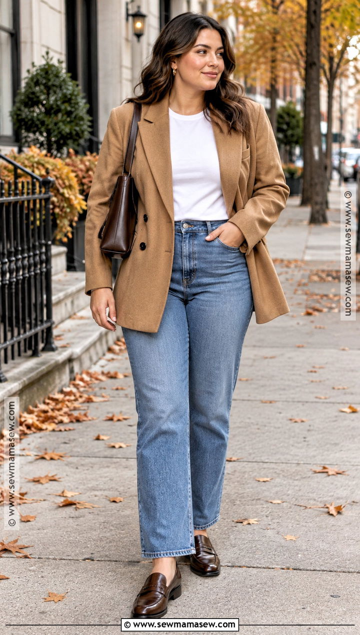 Oversized Blazer And Straight Leg Jeans Fall Outfit - 20 Mid Sized Fall Outfits