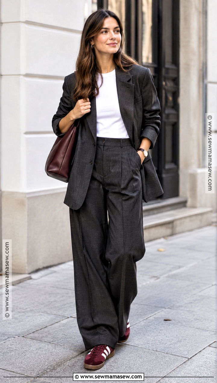 Oversized Blazer And Trousers With Retro Sneakers - 15 fall outfit inspiration with sneakers