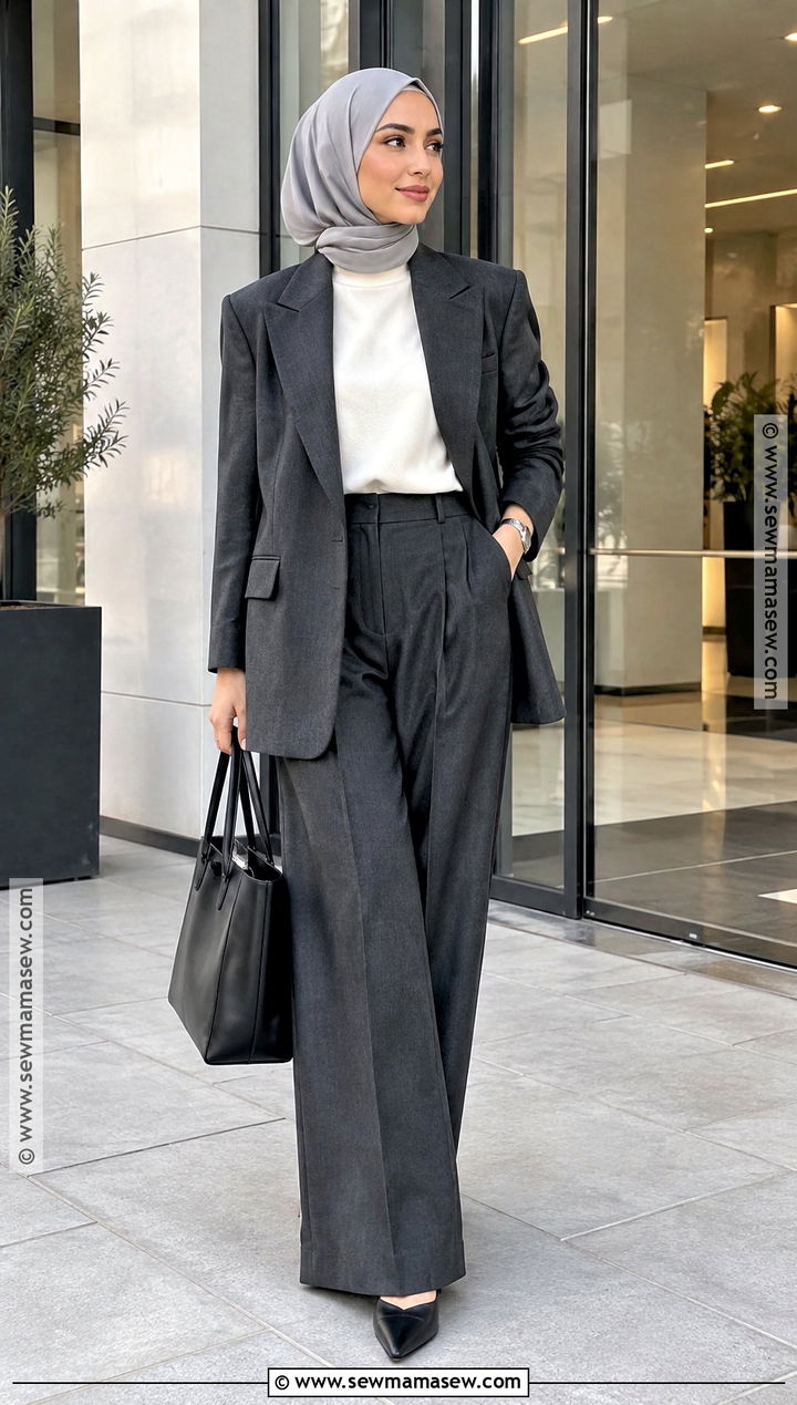 Oversized Blazer Hijabi Outfit With Wide Leg Trousers - 25 fall hijabi outfits