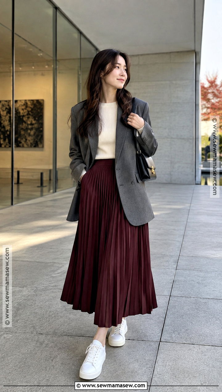 Oversized Blazer Knit Top Pleated Midi Skirt And Sneakers - 20 Japan Outfit Fall Season Ideas
