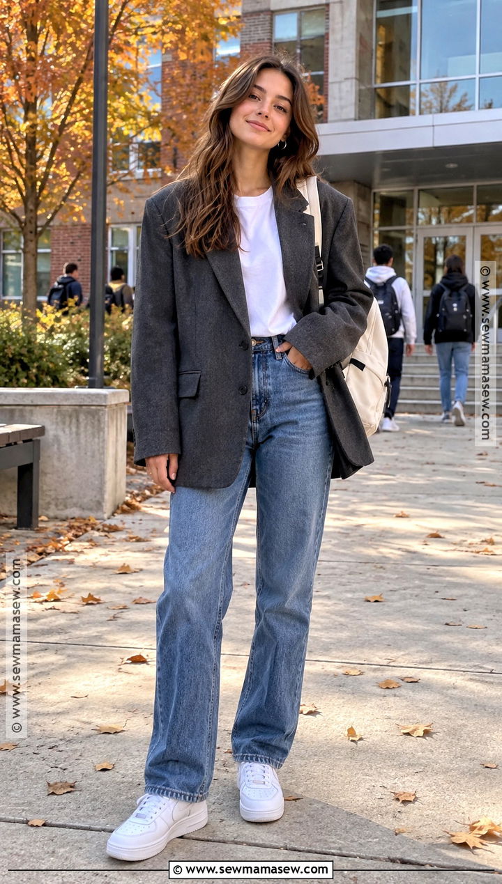 Oversized Blazer School Outfit With Straight Leg Jeans - 15 casual fall outfits for school