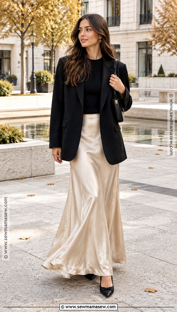 Oversized Blazer With Maxi Skirt And Ballet Flats - 15 oversized blazer outfit fall ideas