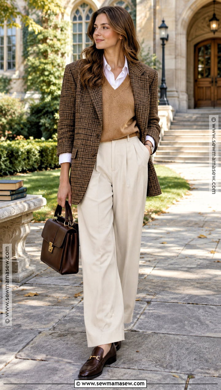 Oversized Blazer With Sweater Vest And Pleated Trousers - 15 oversized blazer outfit fall ideas