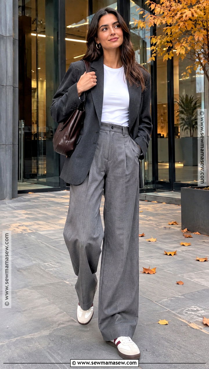 Oversized Blazer With Trousers And Retro Sneakers - 15 fall fashion with sneakers