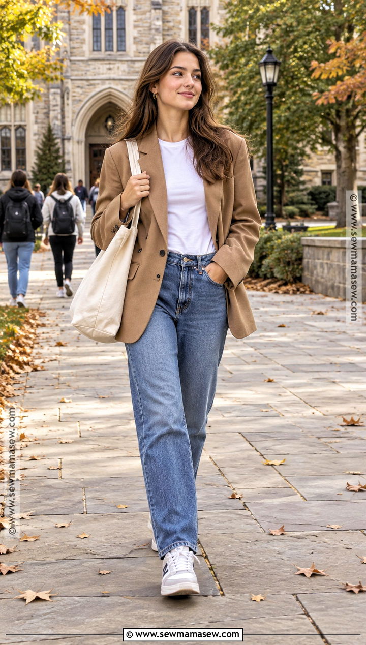 Oversized Blazer and Straight Leg Jeans College Outfit - 15 cute fall outfits for college