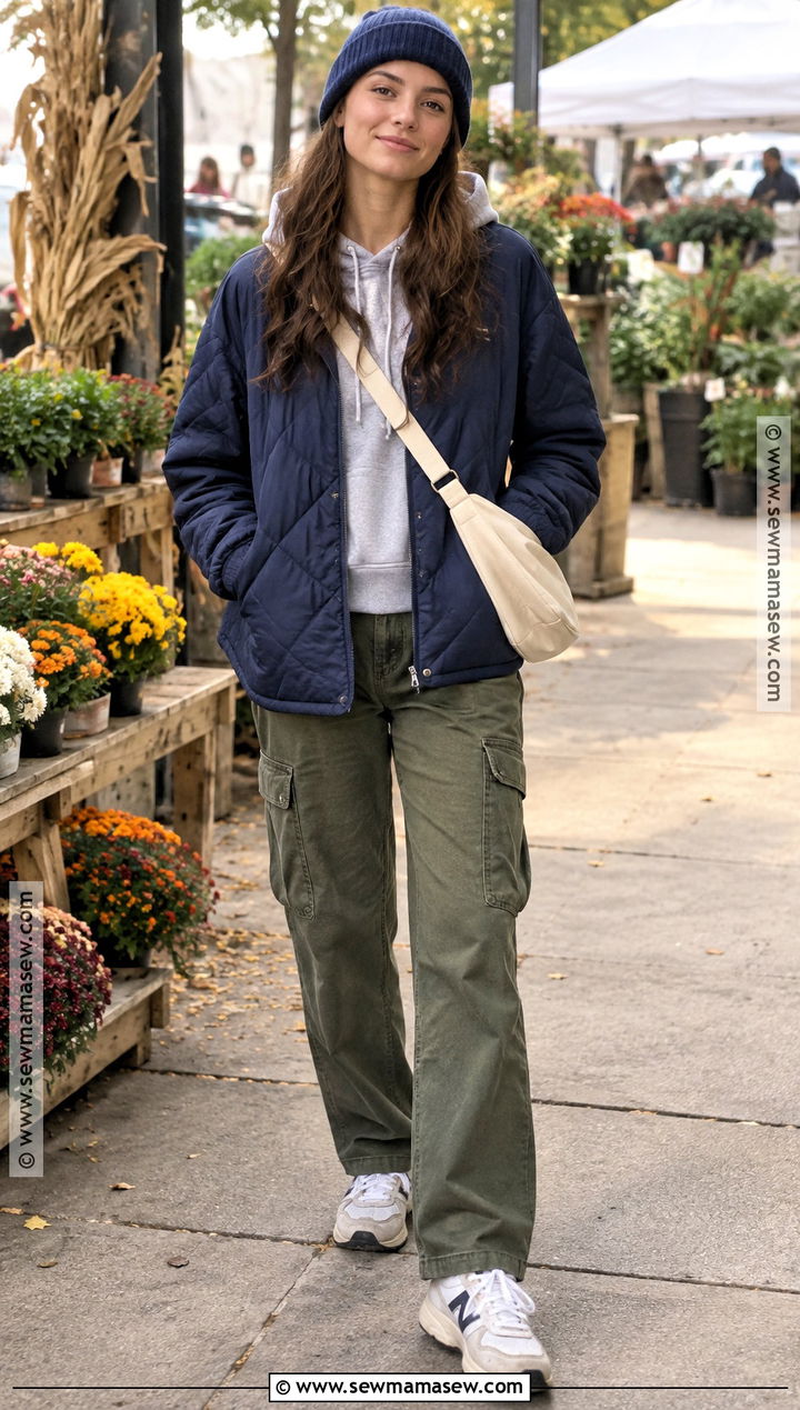Oversized Blue Quilted Jacket With Hoodie And Cargo Pants - 15 blue quilted jacket fall ideas