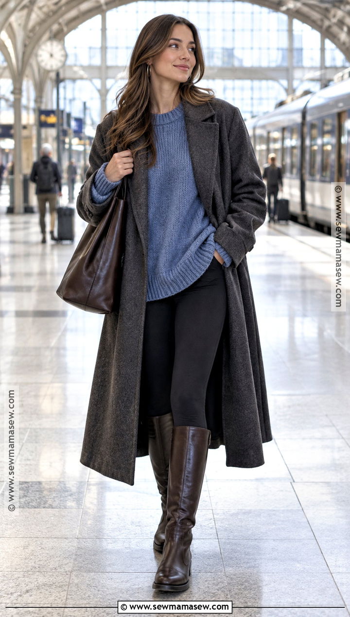 Oversized Blue Sweater With Leggings And Knee High Boots - 15 autumn blue sweater style ideas