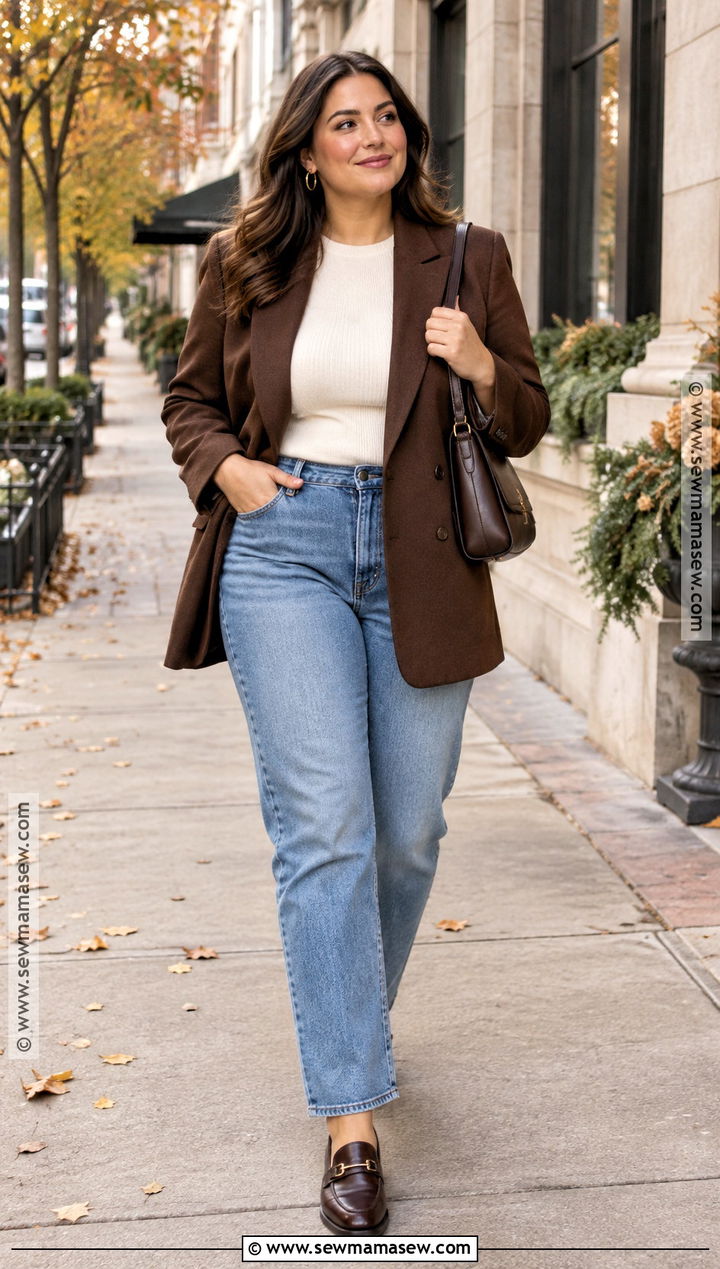 Oversized Brown Blazer With Straight Leg Jeans - 15 fall outfit with blazer ideas