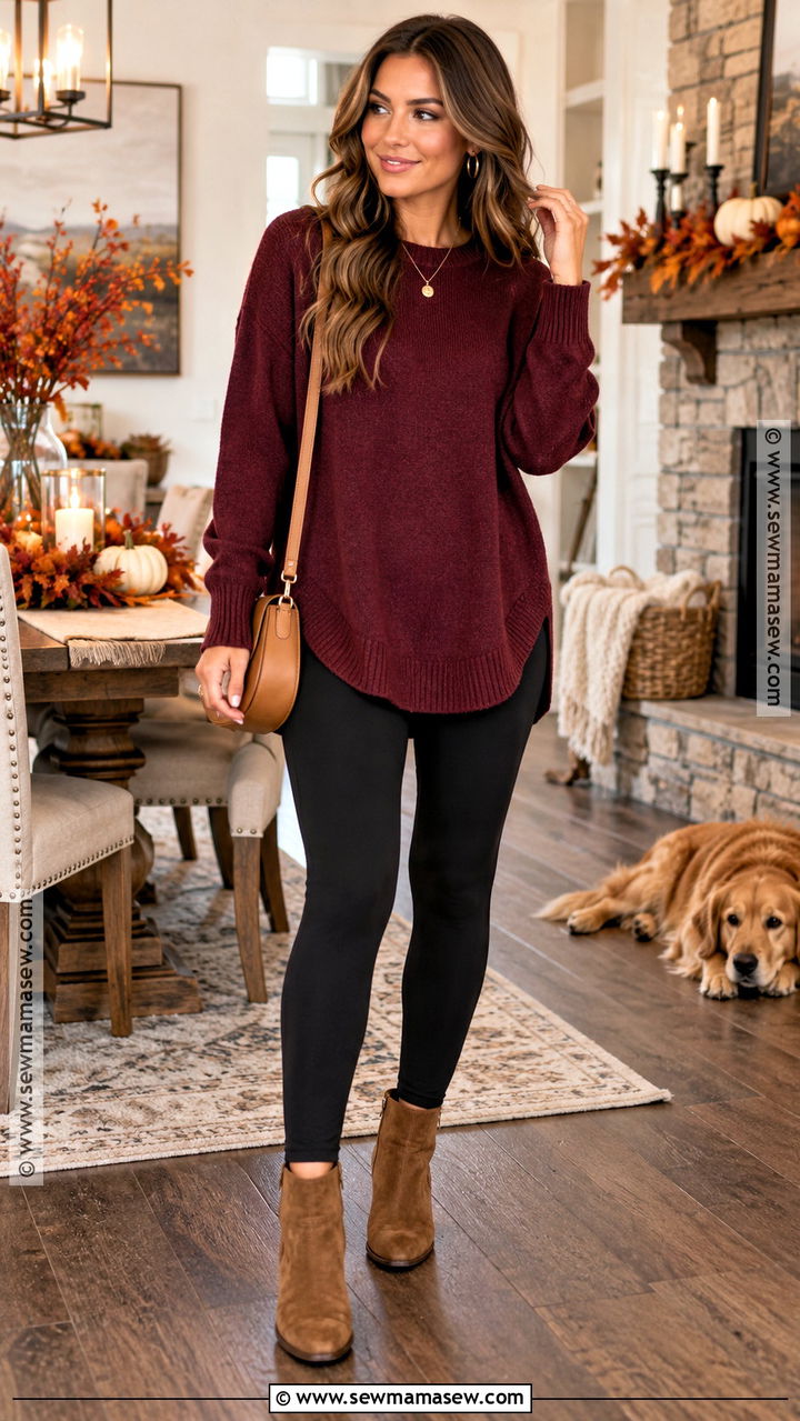 Oversized Burgundy Sweater With Black Leggings - 20 Thanksgiving Outfit With Leggings