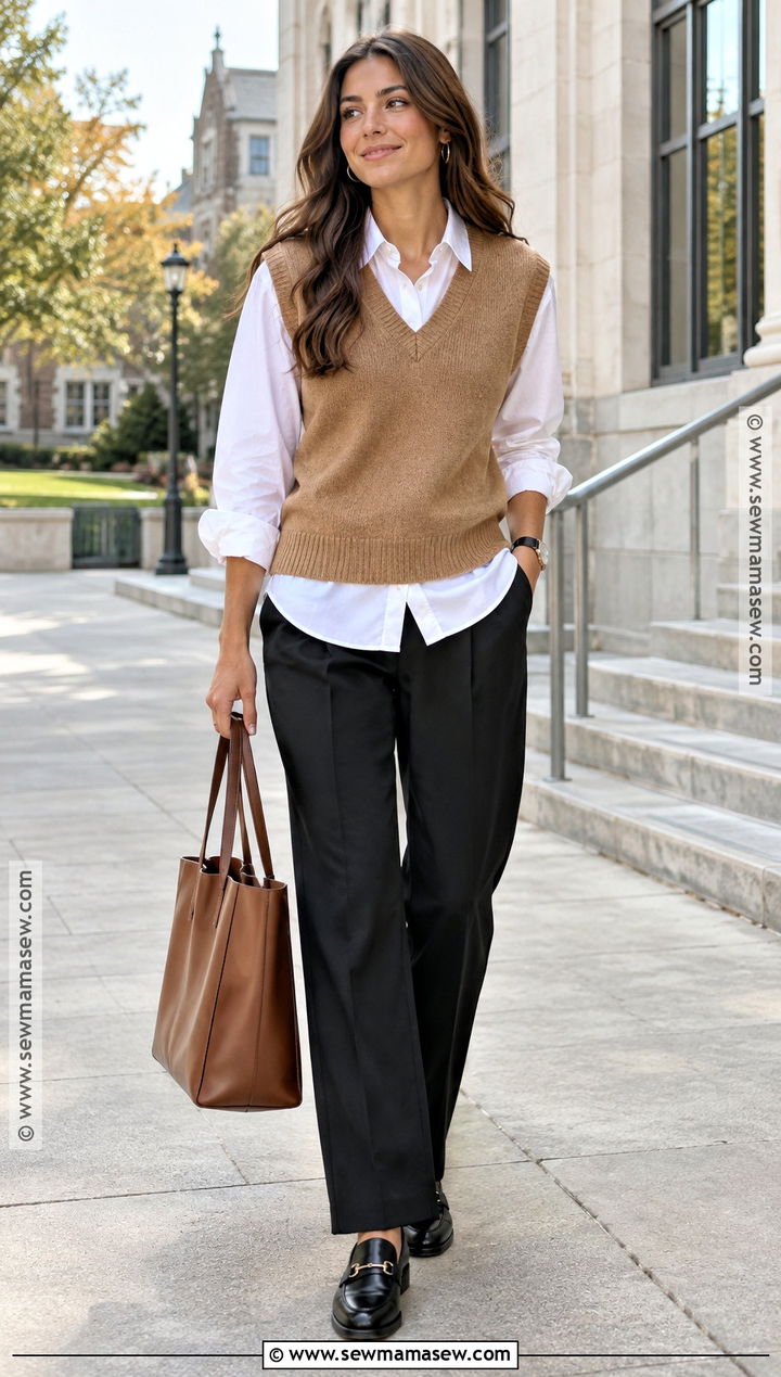 Oversized Button Down and Knit Vest Fall Outfit - 25 Fall Outfit Inspo Ideas 2026
