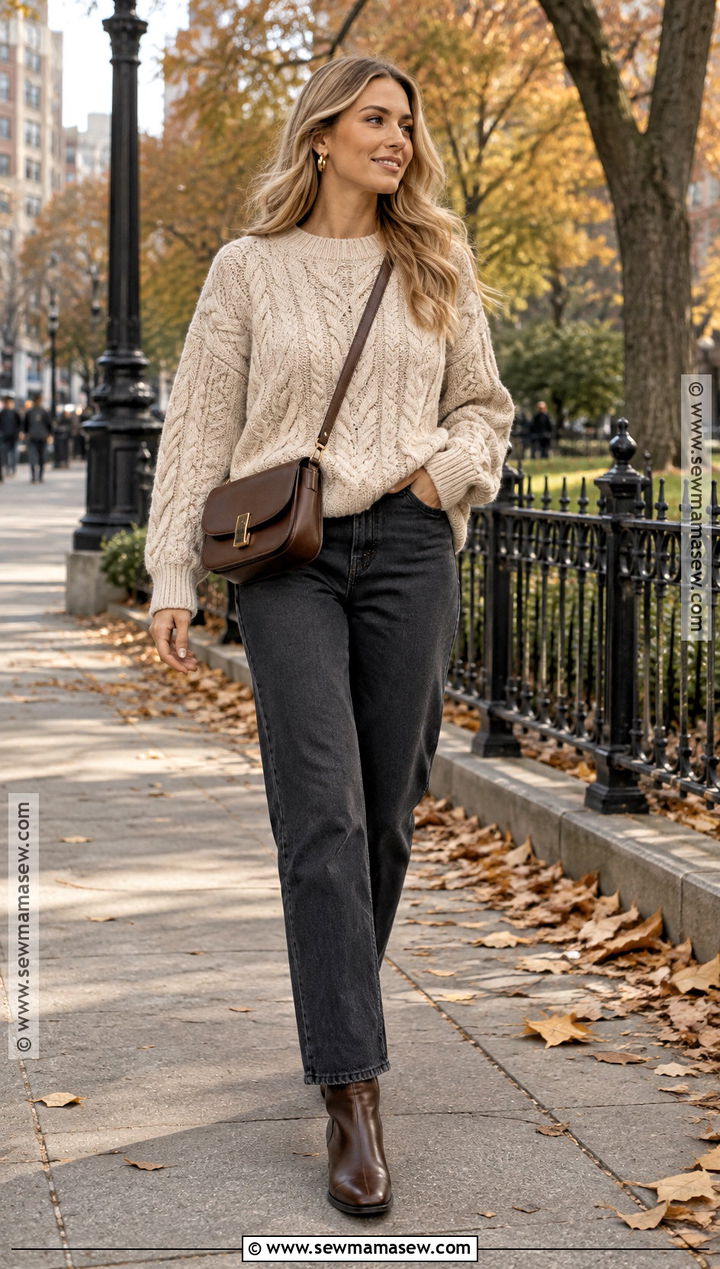 Oversized Cable Knit Sweater With Straight Leg Jeans - 20 Autumn Knitwear Ideas