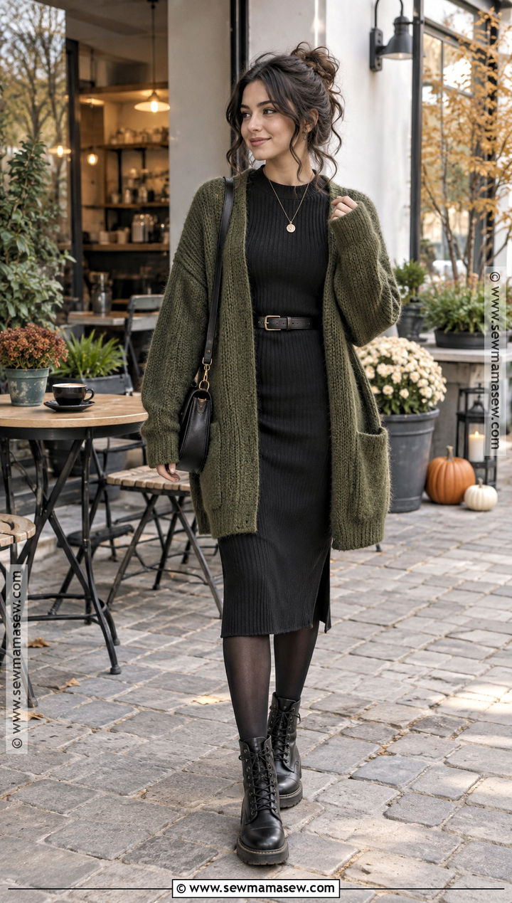 Oversized Cardigan And Black Dress Witchy Fall Outfit - 25 witchy fall outfits
