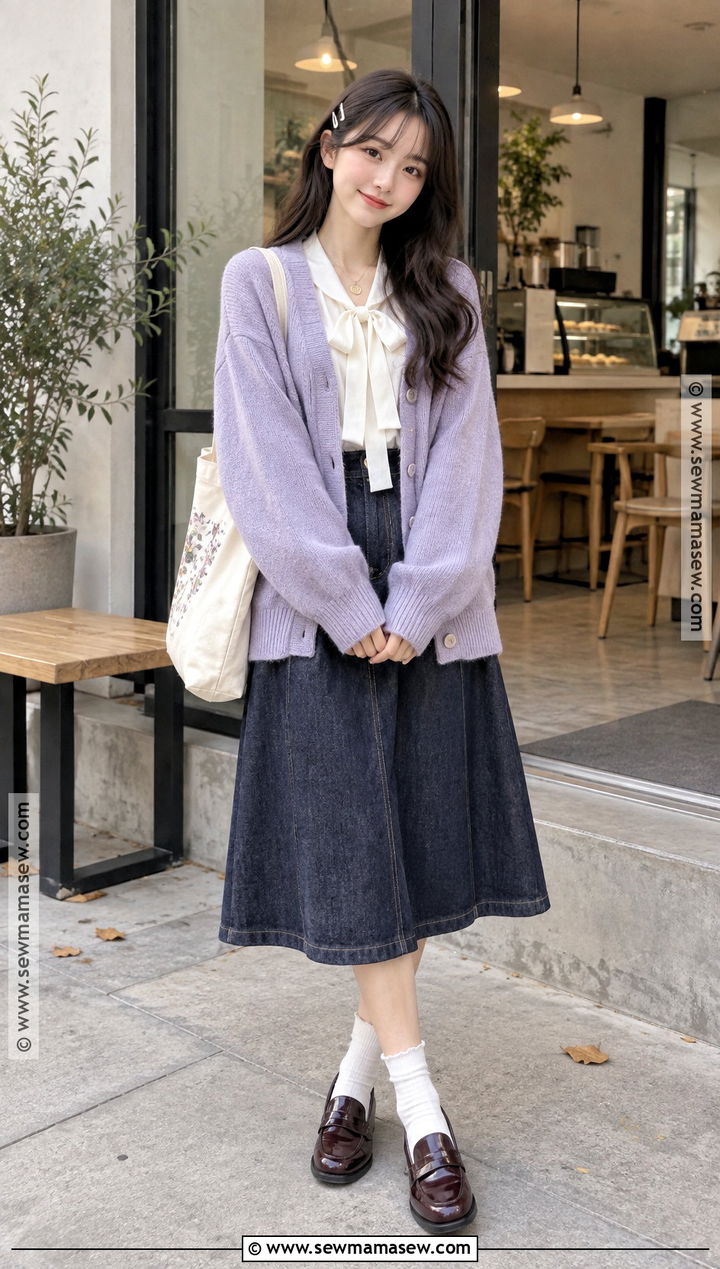 Oversized Cardigan And Denim Skirt Shojo Girl Outfit - 15 Shojo Girl Fall Outfit Ideas