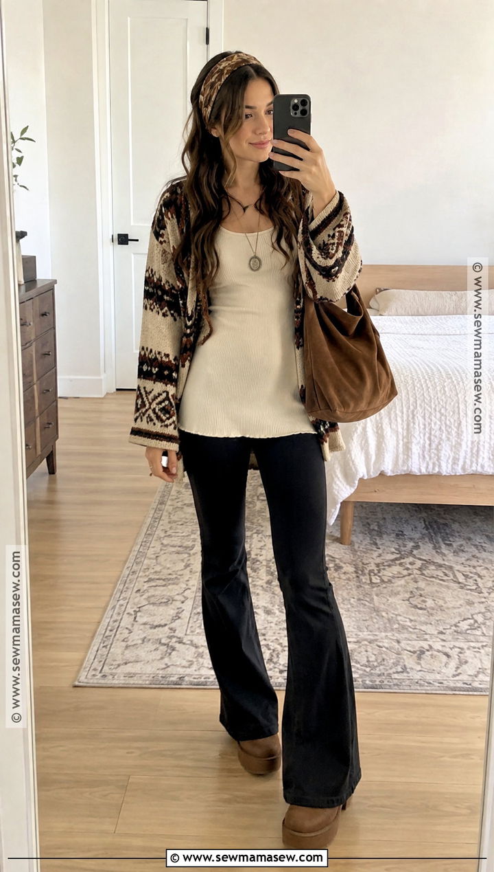 Oversized Cardigan And Flare Leggings Boho Fall Outfit - 25 boho fall outfits