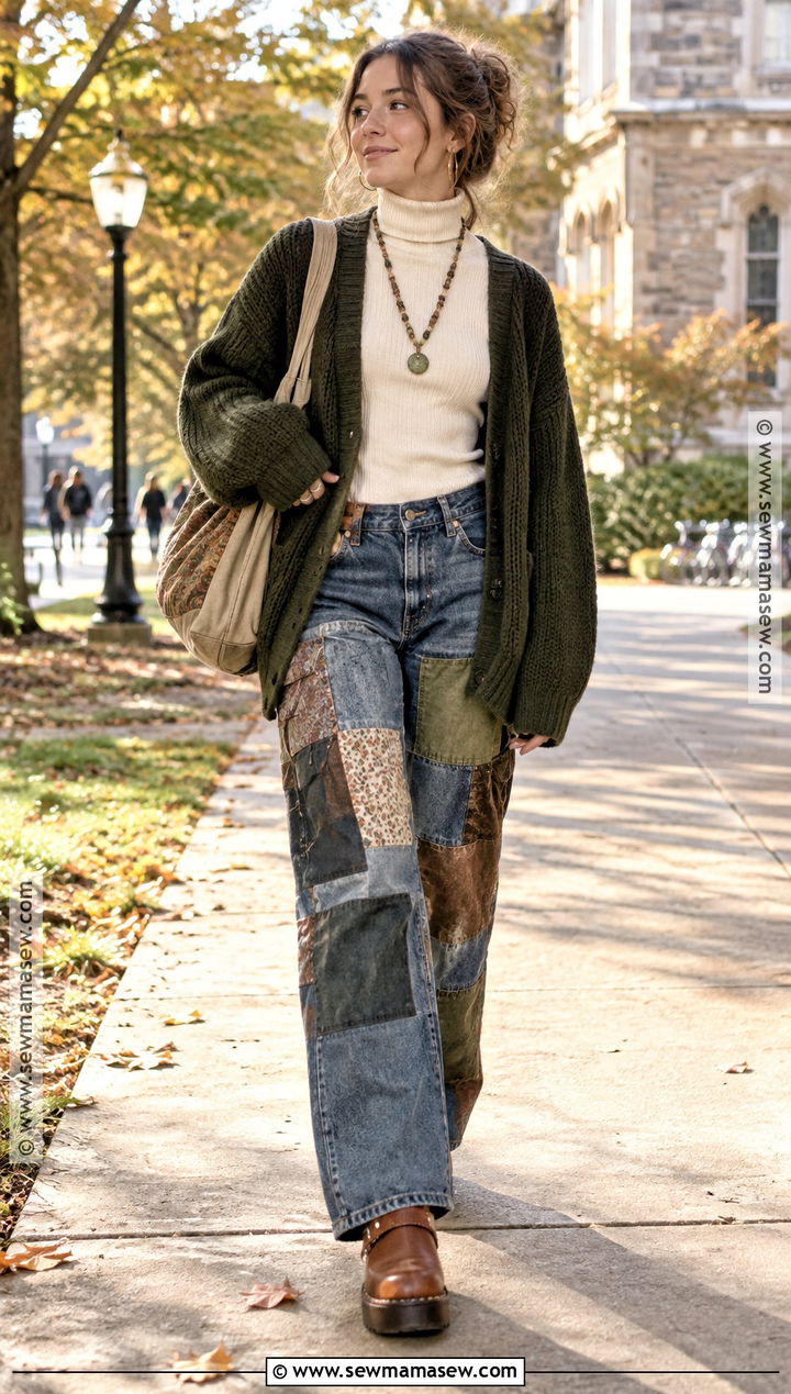 Oversized Cardigan And Patchwork Jeans Autumn Hippie Outfit - 20 autumn hippie outfits