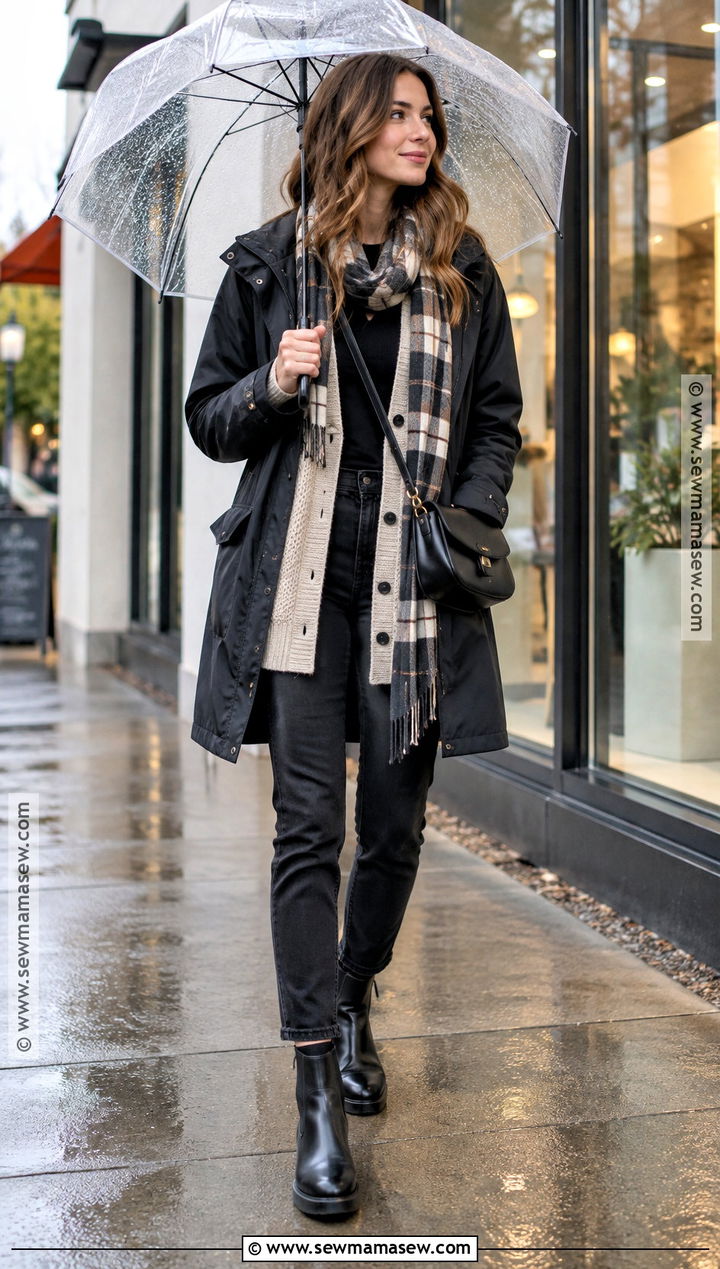 Oversized Cardigan And Raincoat Outfit - 15 fall rainy day outfits comfy