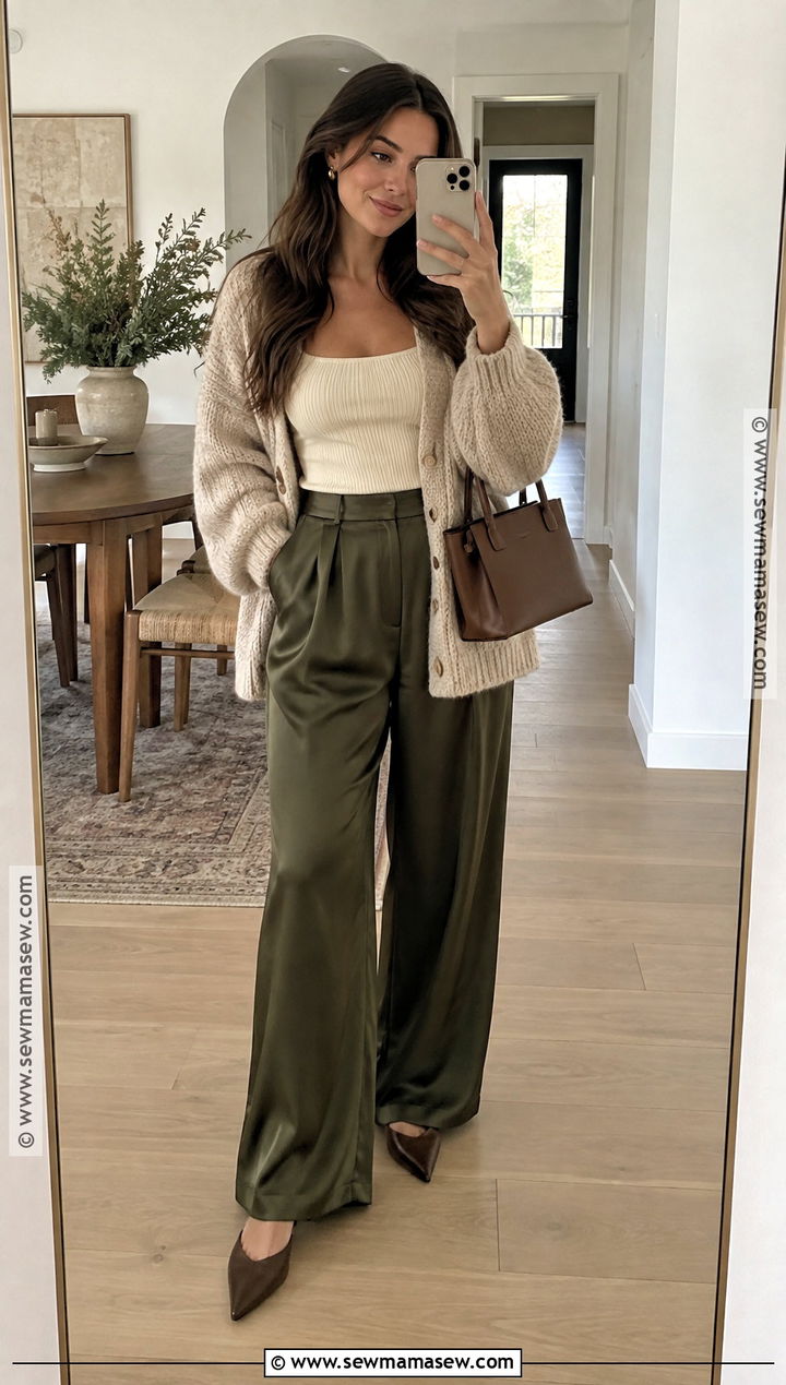 Oversized Cardigan And Satin Pants Fall Outfit - 15 creative fall outfits