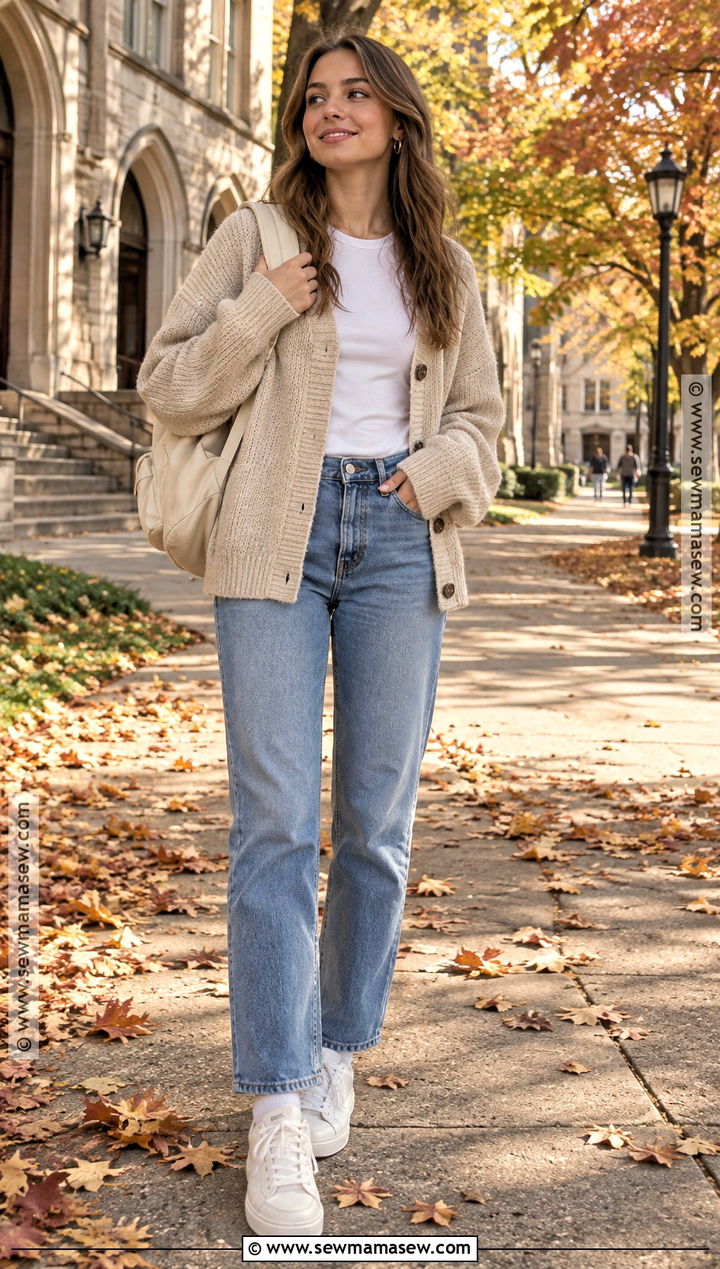 Oversized Cardigan And Straight Jeans School Outfit - 15 School Outfits Fall Aesthetic