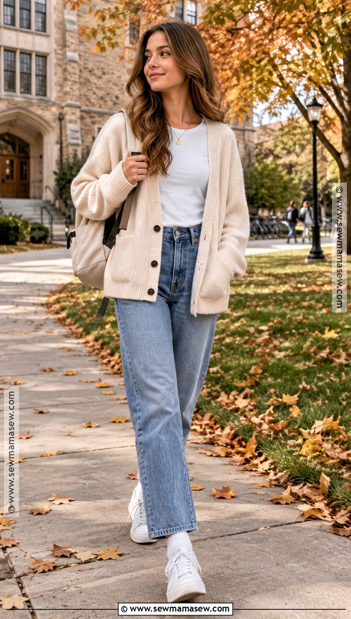 Oversized Cardigan And Straight Leg Jeans School Outfit - 20 School Outfit Inspo Fall Ideas