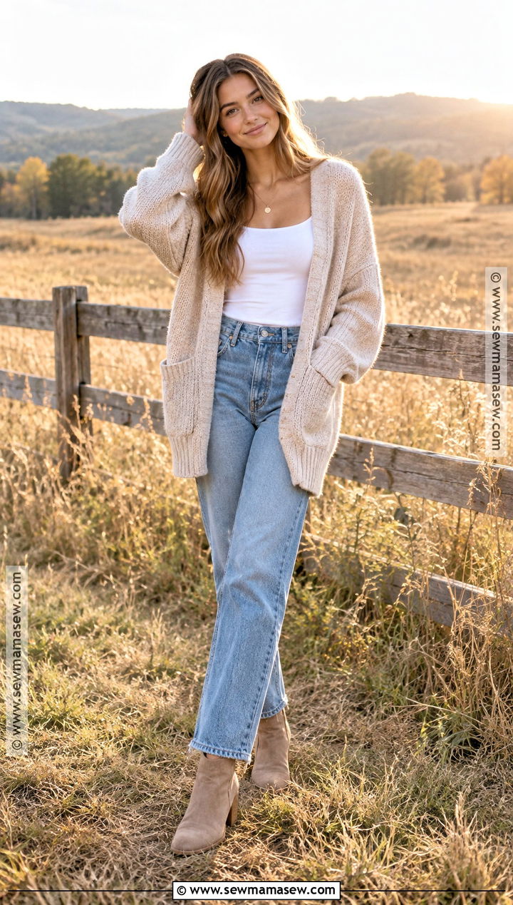Oversized Cardigan And Straight Leg Jeans Senior Photo Outfit - 25 senior photo outfits fall