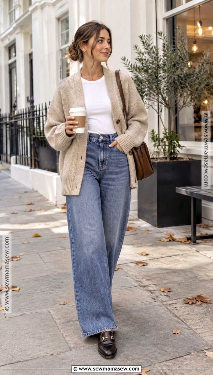 Oversized Cardigan And Wide Leg Jeans Autumn Outfit - 20 autumn cozy outfit ideas