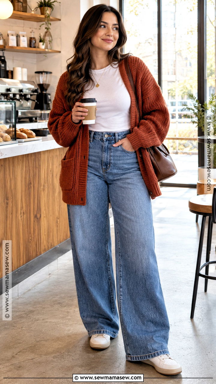 Oversized Cardigan And Wide Leg Jeans Coffee Shop Outfit - 20 Fall Coffee Shop Outfit Ideas