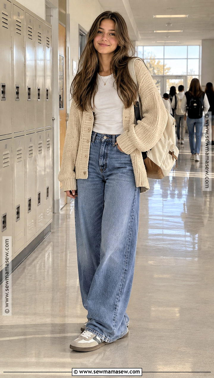 Oversized Cardigan And Wide Leg Jeans Fall School Outfit - 15 Cute Fall Outfits For School Casual