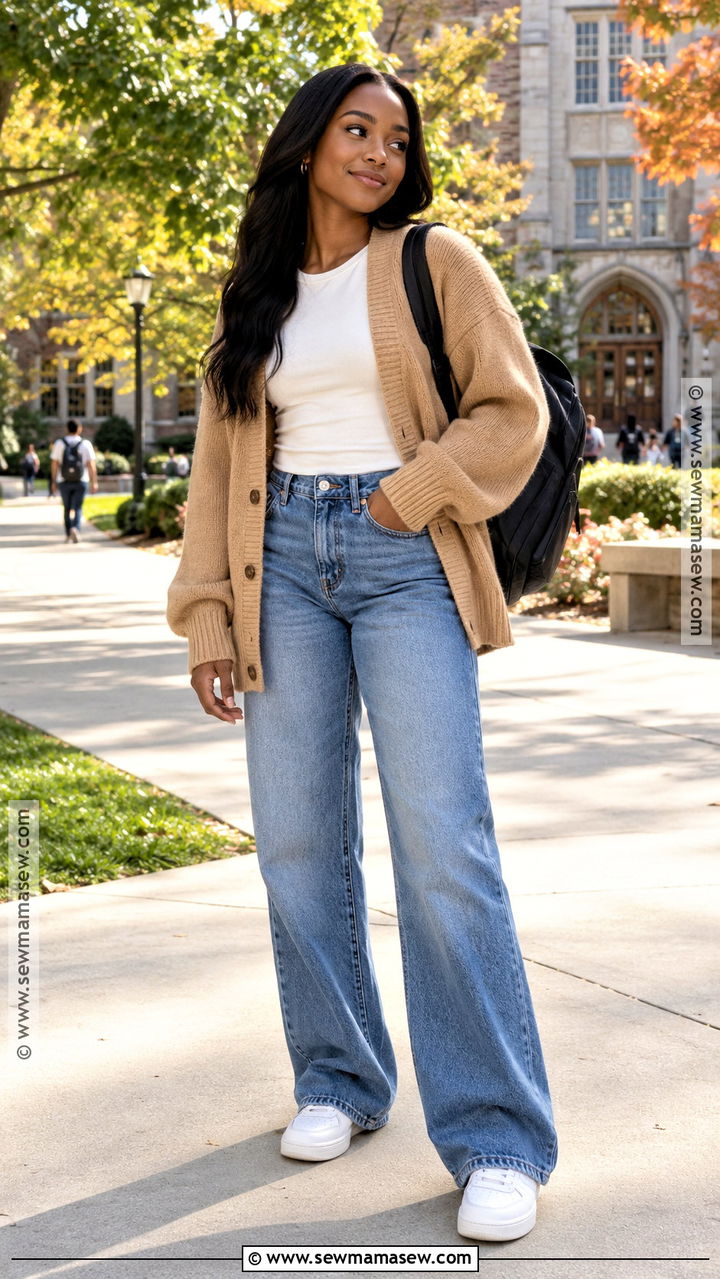 Oversized Cardigan And Wide Leg Jeans School Outfit - 20 fall outfits black women school