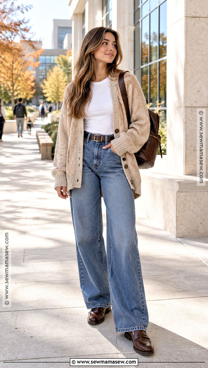 Oversized Cardigan And Wide Leg Jeans School Outfit - 20 autumn school outfit ideas