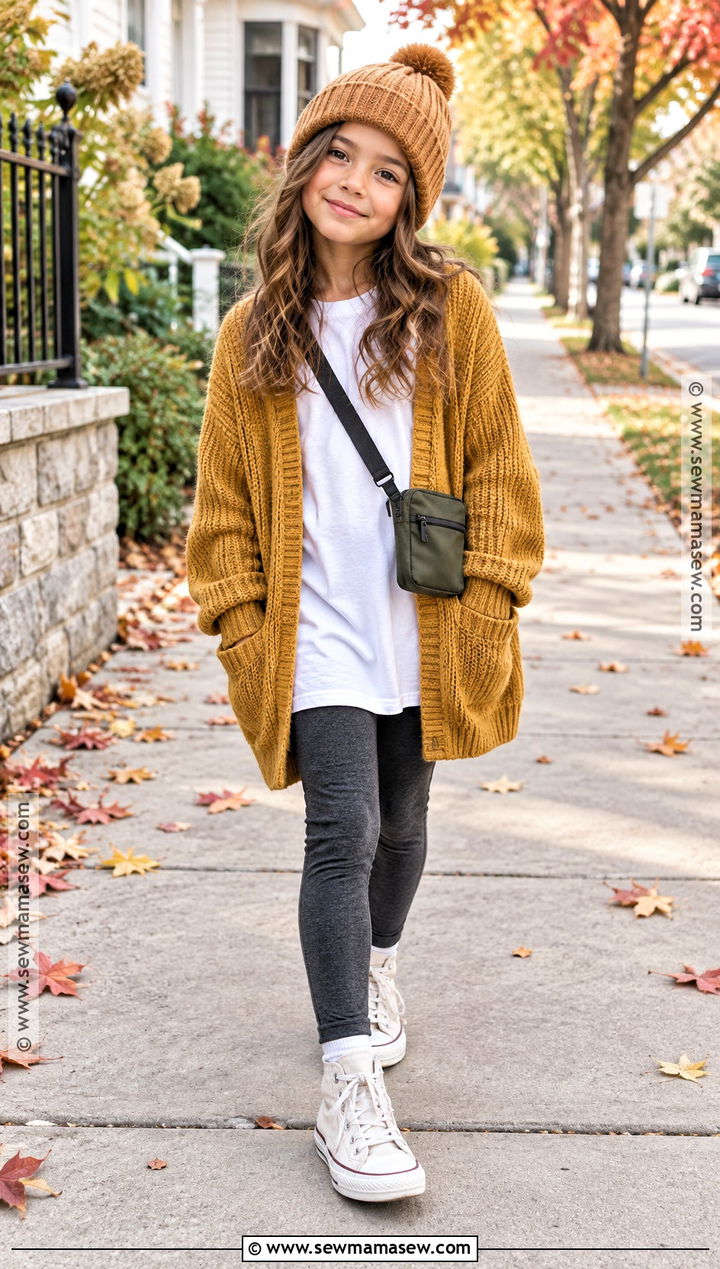 Oversized Cardigan With Leggings - 15 kids fall fashion sweater ideas