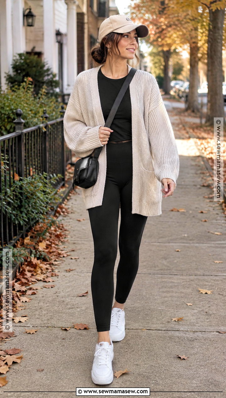 Oversized Cardigan With Leggings And Sneakers - 25 fall outfits cardigans