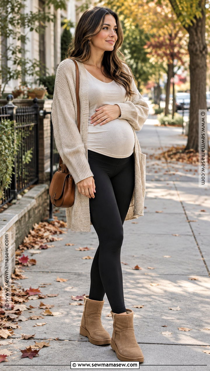 Oversized Cardigan With Maternity Leggings - 15 fall outfit ideas pregnant